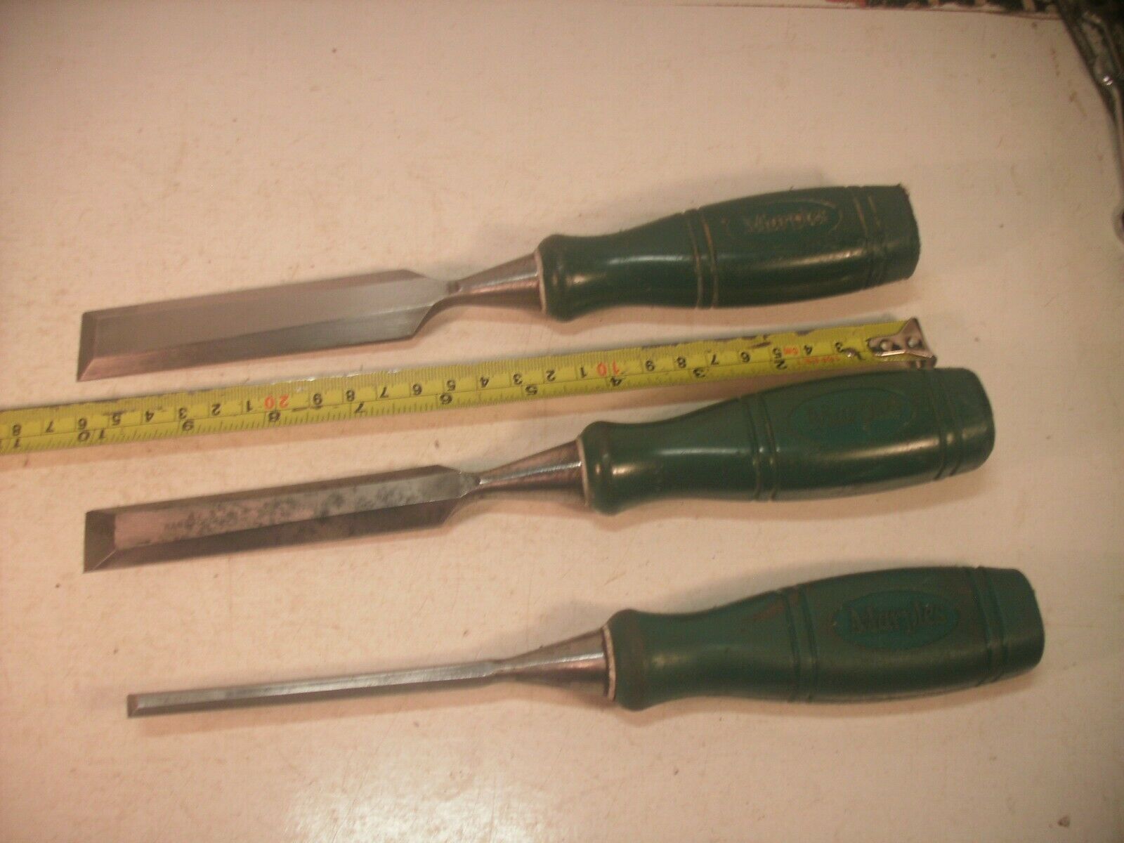 Job lot, 3 Marples green handle bevel edge chisels,1", 3/4" and 1/4