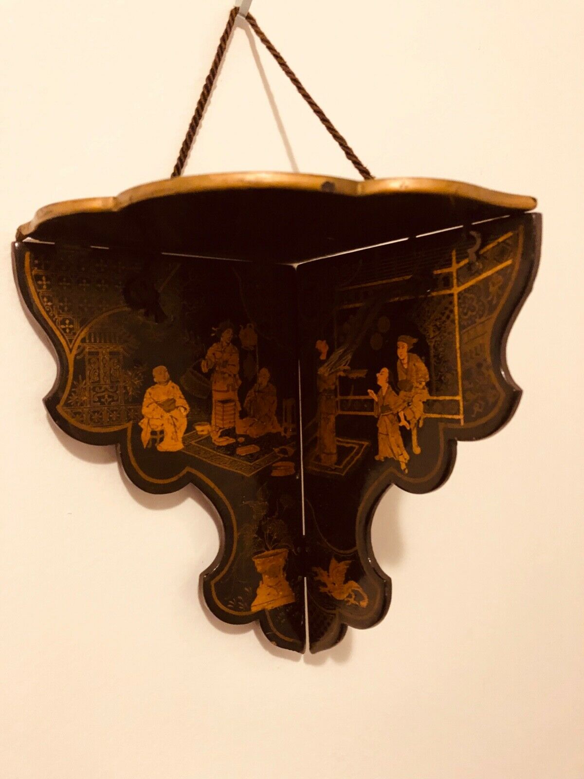 black and gold lacquered oriental hanging corner shelf Antique Price