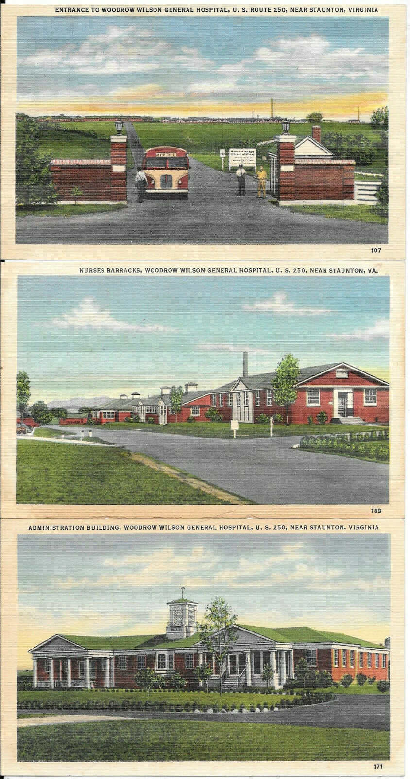 WOODROW WILSON GENERAL HOSPITAL, NEAR STAUNTON, VIRGINIA (3 POST CARDS
