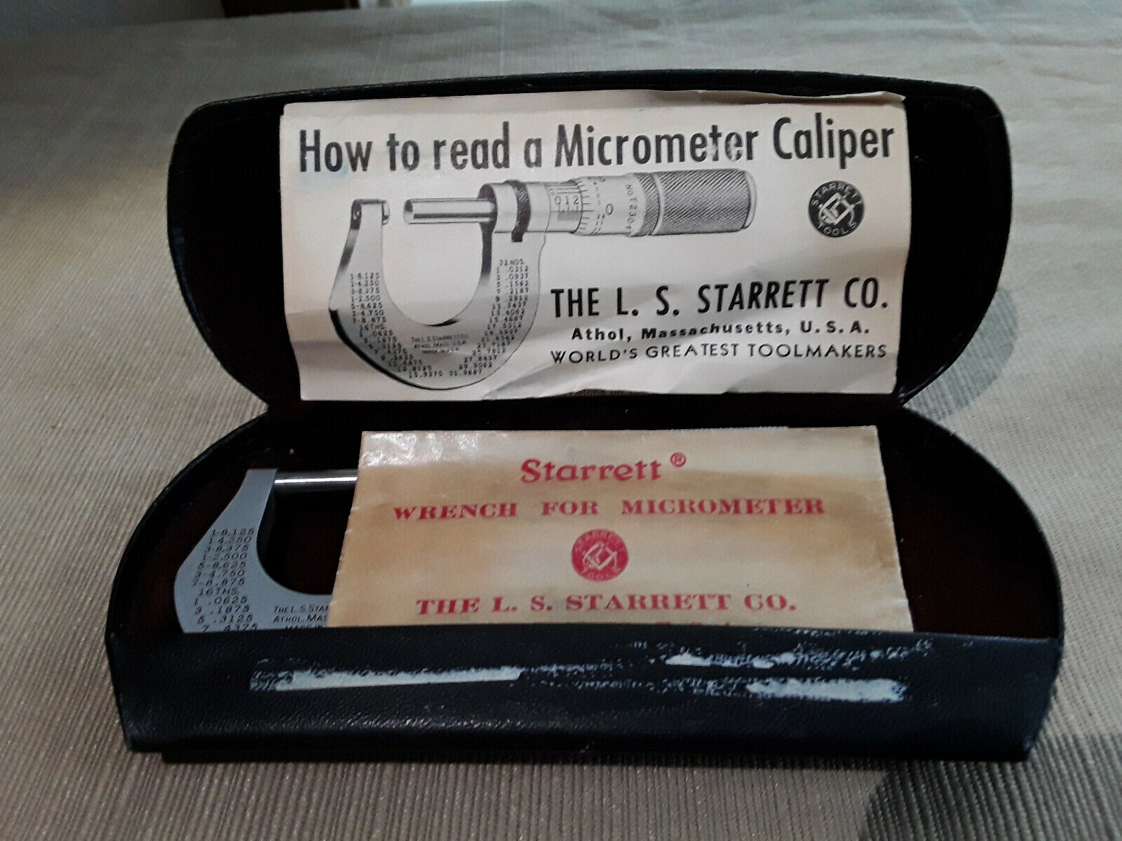 Vintage Starrett 01" Micrometer No. 230 In Original Box, Wrench, and