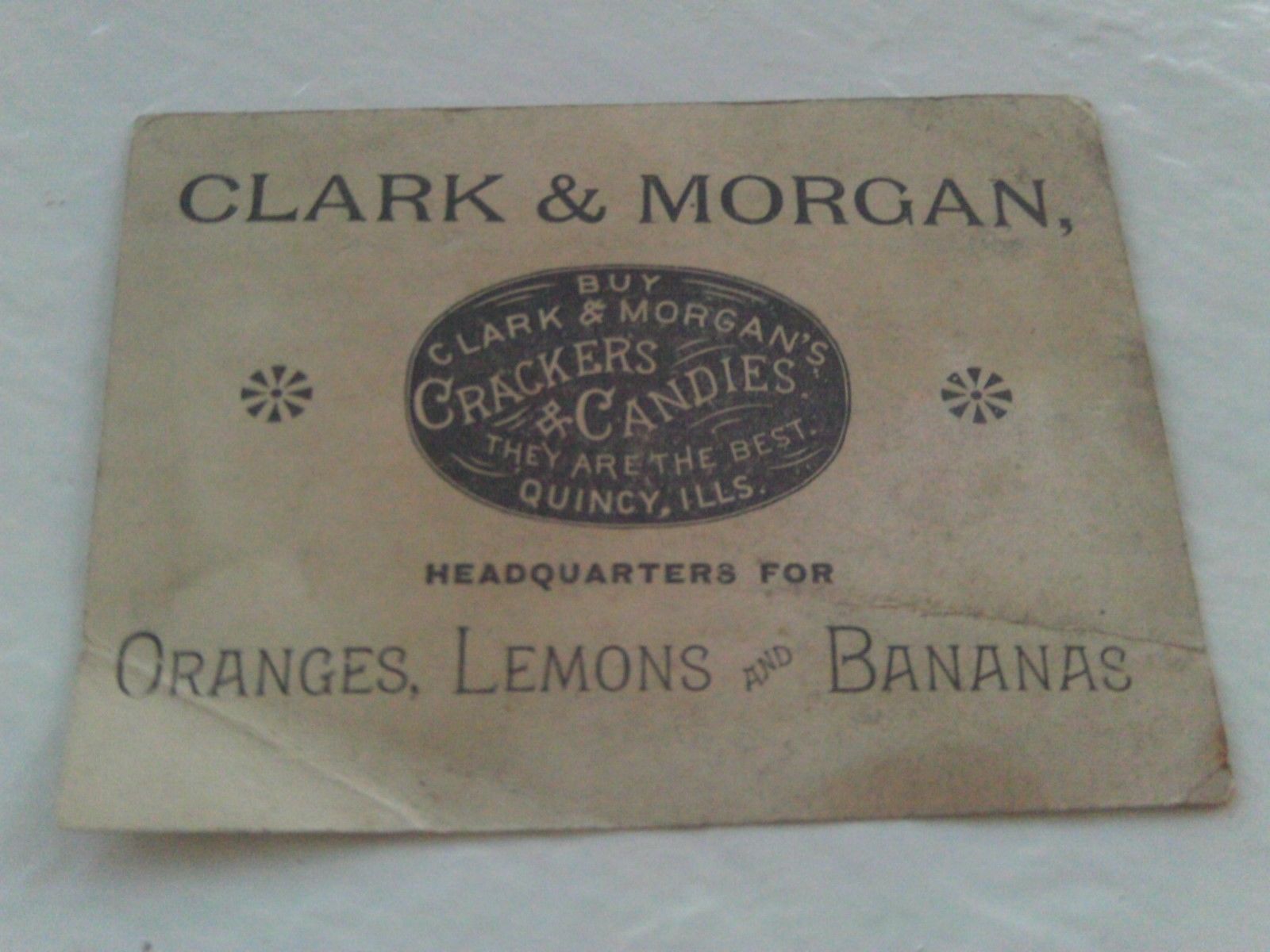 RARE 1880s POSTCARD SIZE AD CLARK CRACKER CANDIES FRUIT