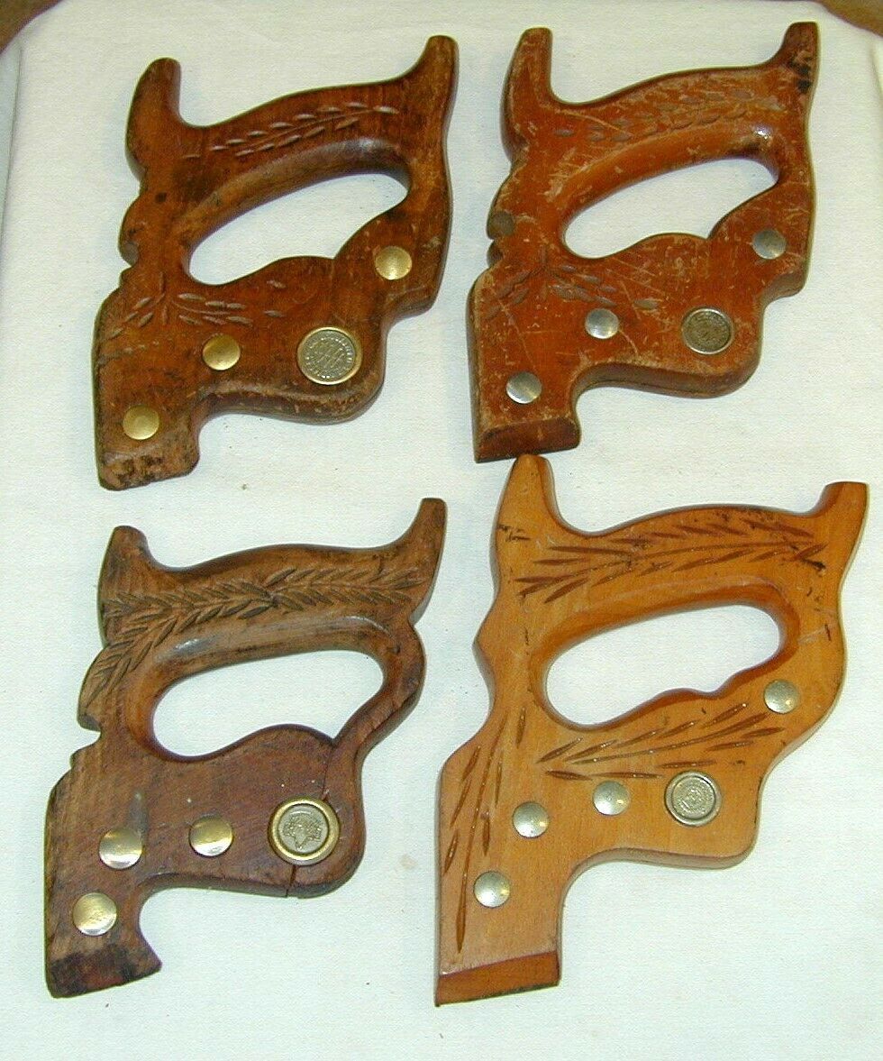 4 Vin Wheat Carve Wood Hand Saw Handles With Brass Medallions And Brass