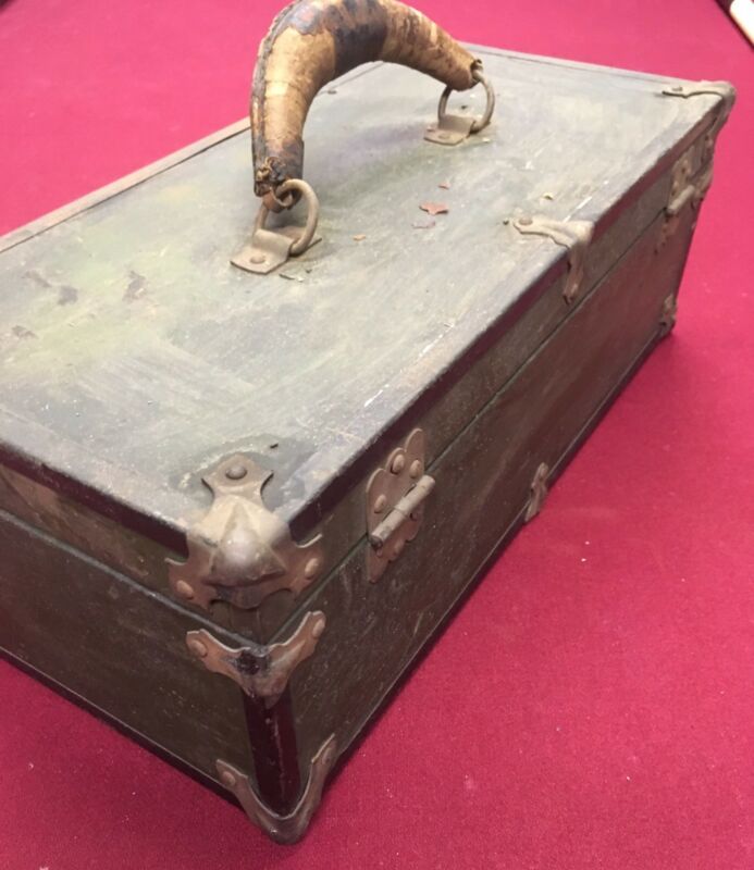 Rare Antique Wooden tool box with leather handle and metal hardware