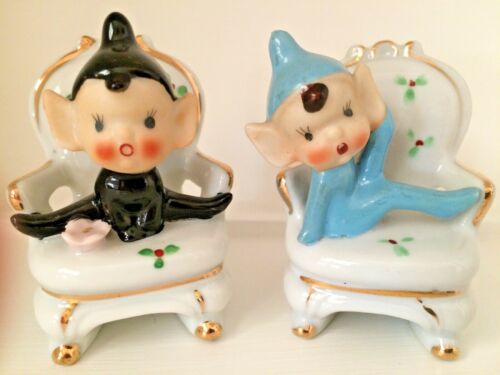 Vintage Christmas Ceramic Porcelain Pixie Elves on Chair Japan Set/2 ...