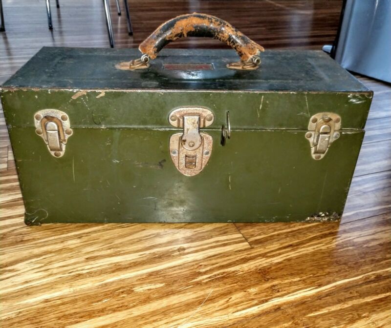 Vintage Union Utility Chest Leather Handle Steel Metal Tool Box W/ Top