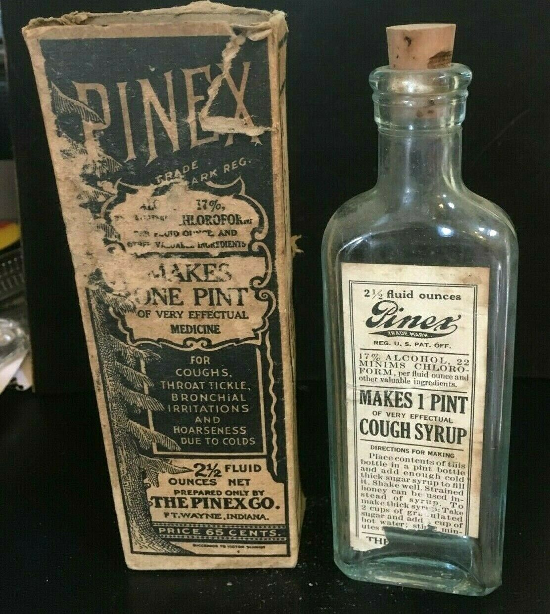ANTIQUE MEDICINE BOTTLE PINEX COUGH SYRUP W/ PAPER LABEL, CHLOROFORM