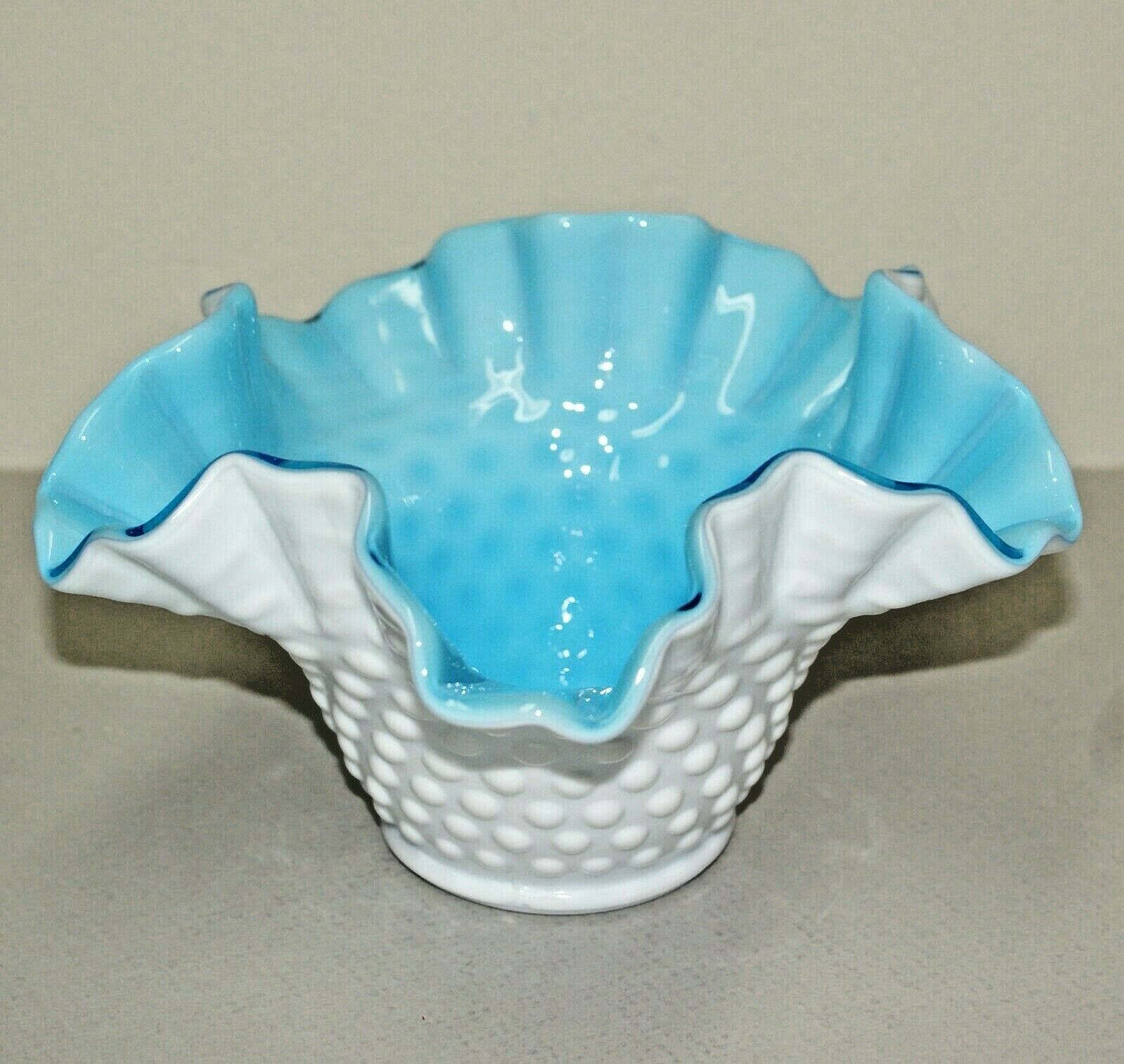 white milk glass hobnail ruffled bowl blue interior Fenton? candy dish vintage Antique Price