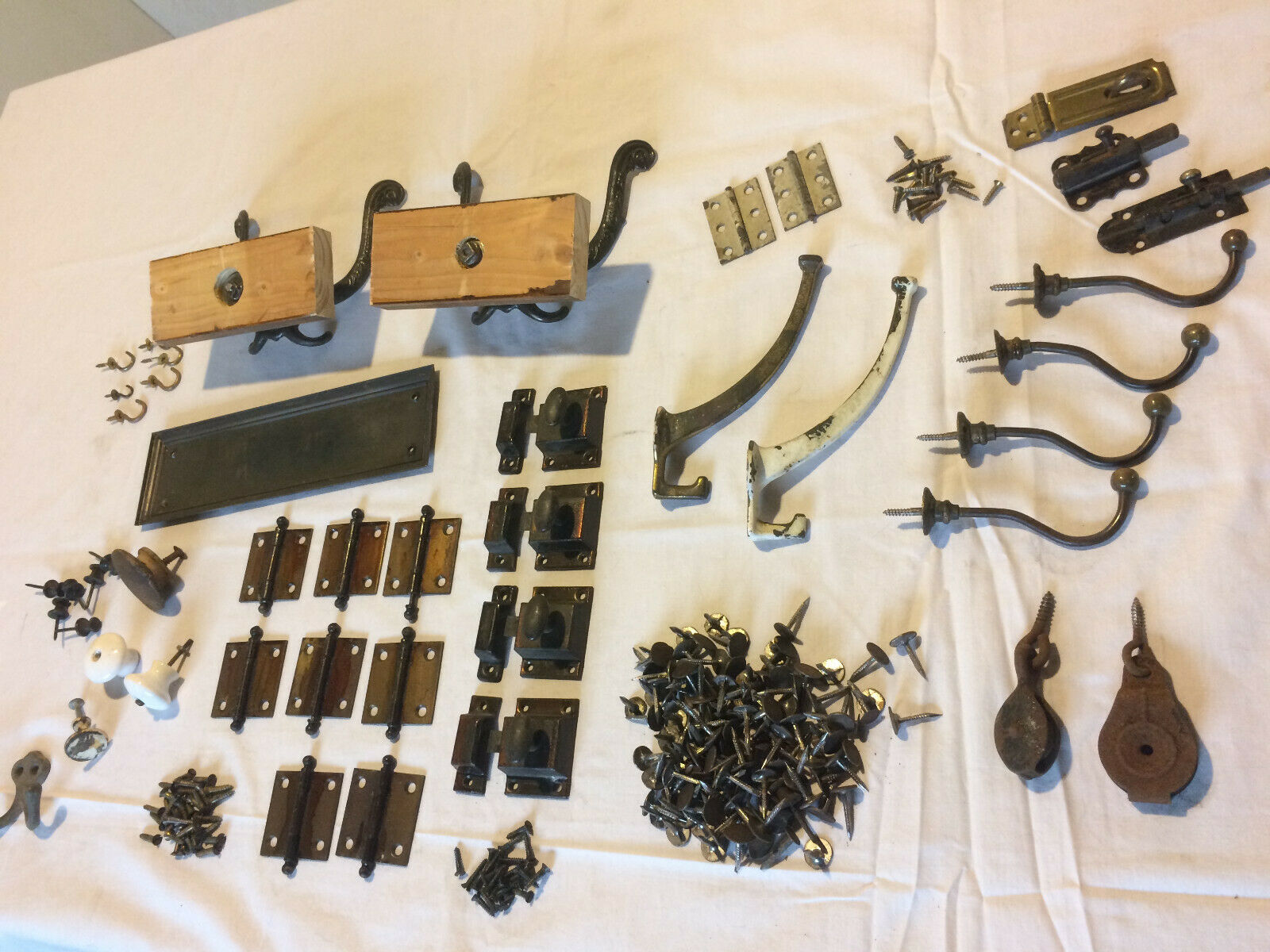 antique vintage hardware lot hooks hinges latches closure pulley