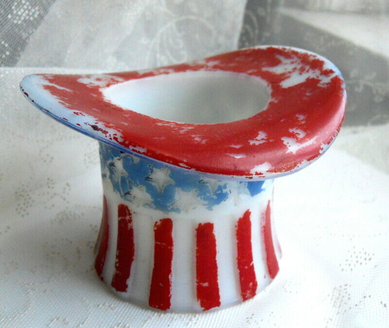 UNCLE SAM TOP HAT TOOTHPICK HOLDER! Vintage Painted Milk Glass