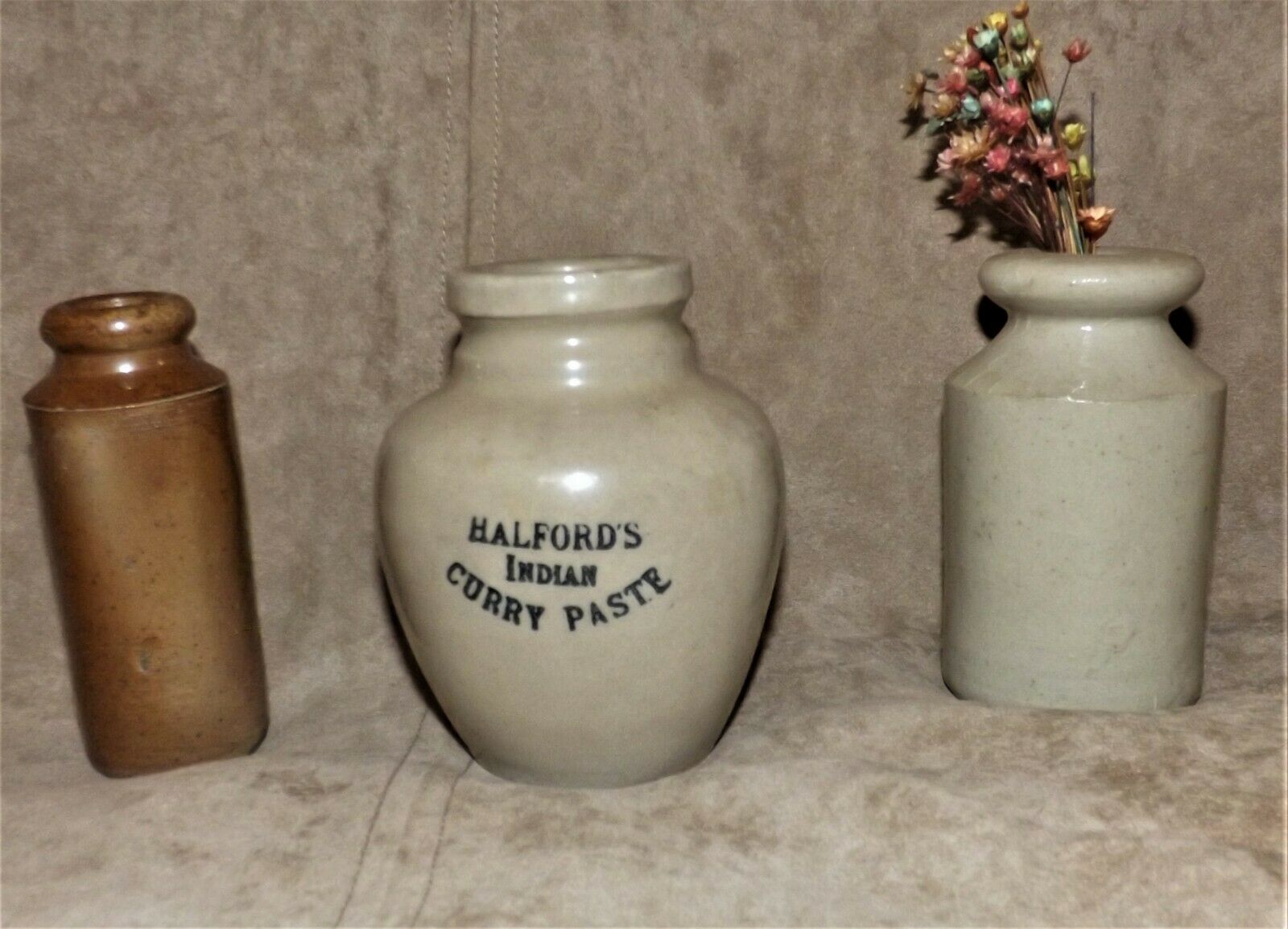 Vintage stoneware jar Lot Halford''s Indian Curry Paste + 2 small