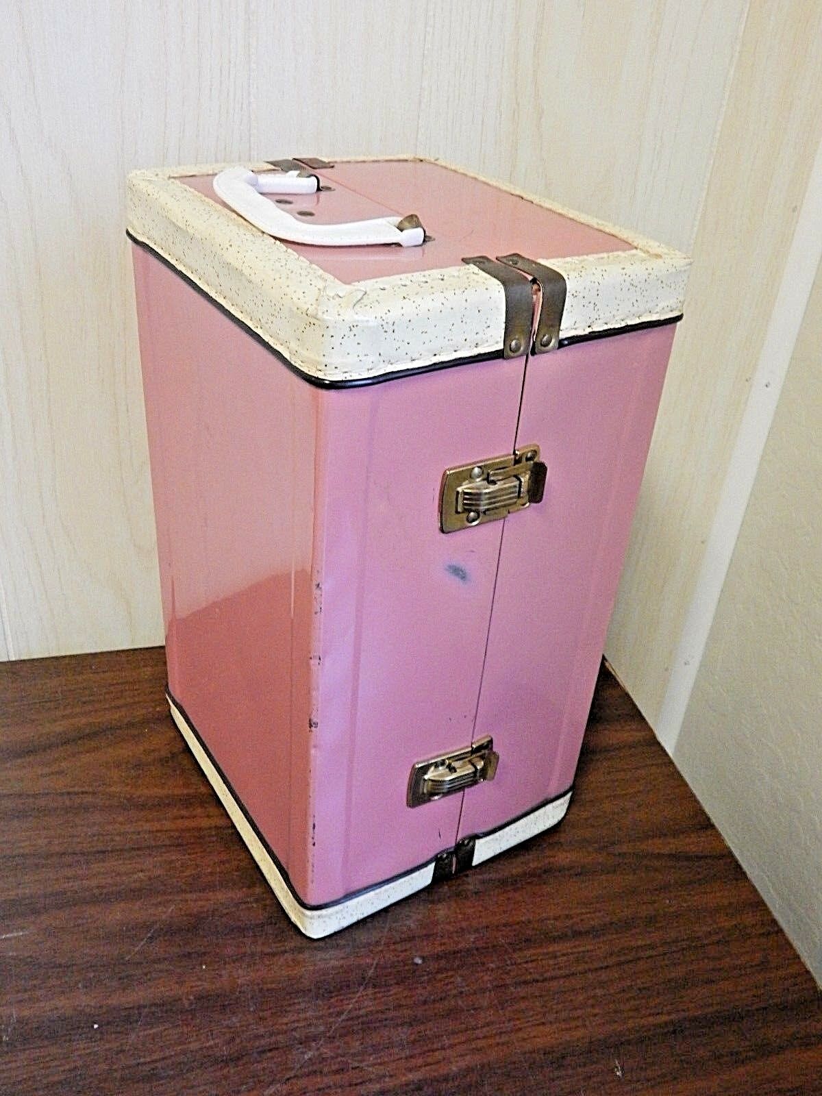 Vintage 1950s Pink Metal Doll Trunk/Case, 14" x 8" x 7.5", White/Gold