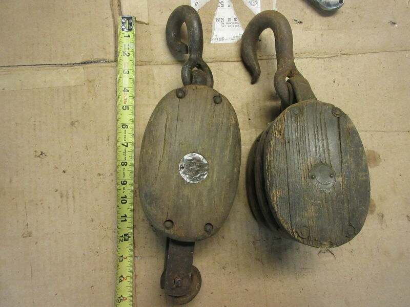 2 antique wood pulleys with iron hooks rustic cabin decor garden plant