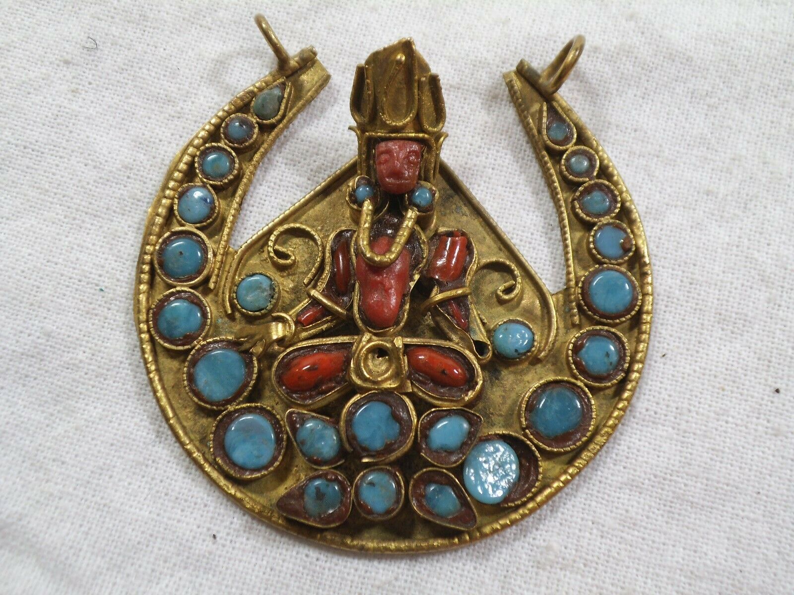 Antique Tibetan Buddha Pendant - Turquoise and Red Coral on Brass - 2 ...