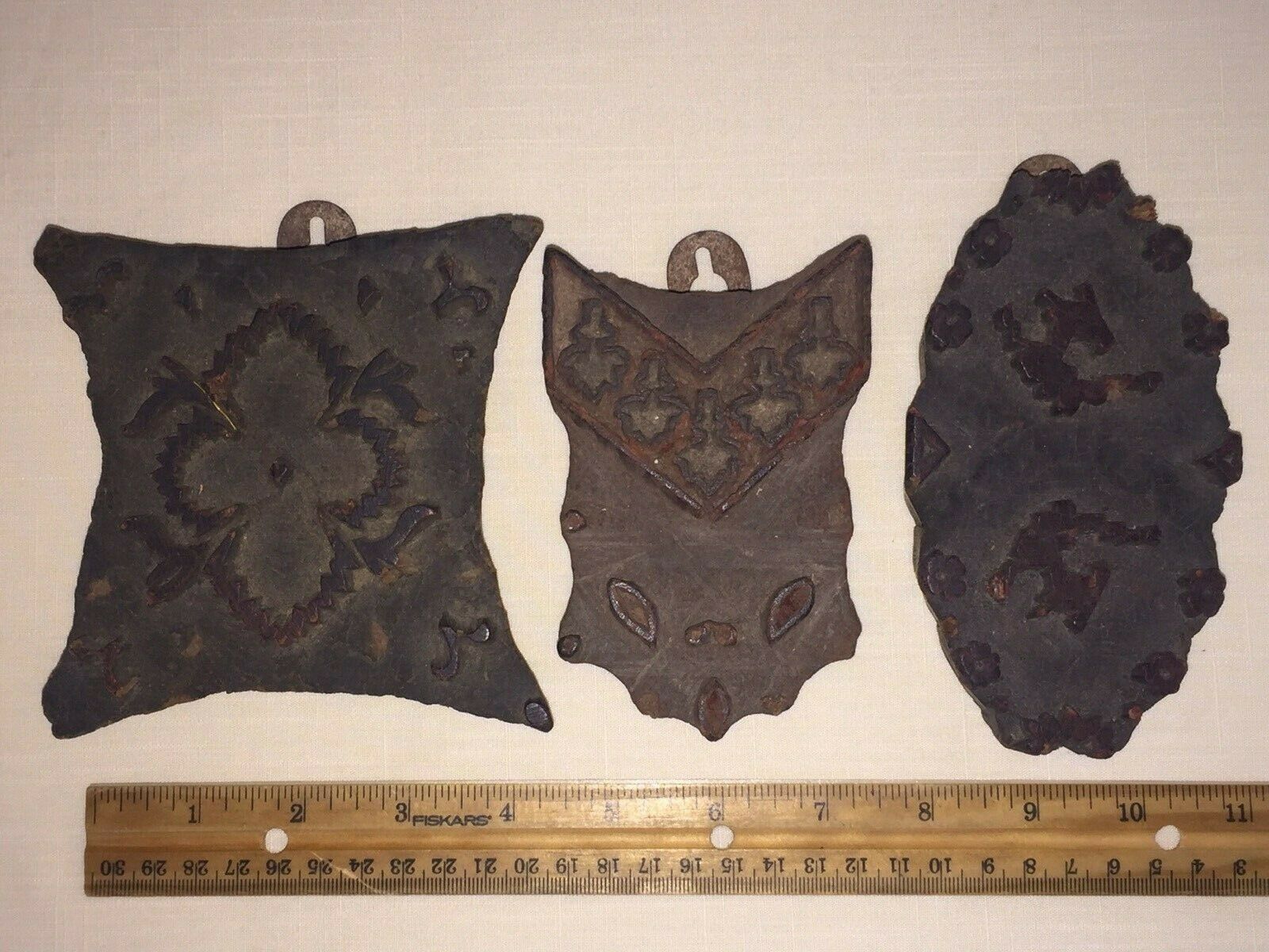 3 Antique Primitive HandCarved Wood Wallpaper Stamps Press Textile
