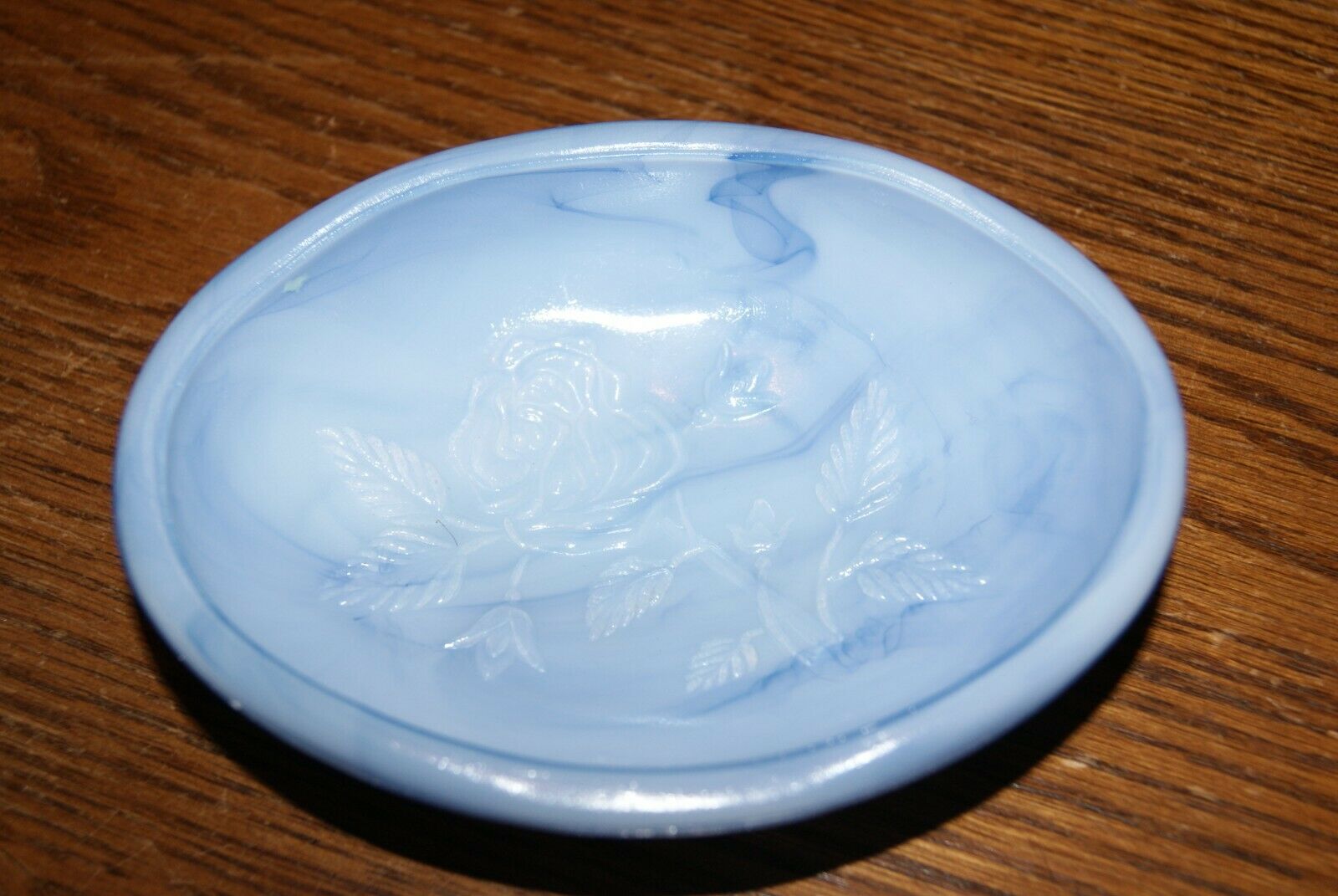 Vintage 1978 Avon Victorian Blue Milk Glass Soap Dish Raised Rose