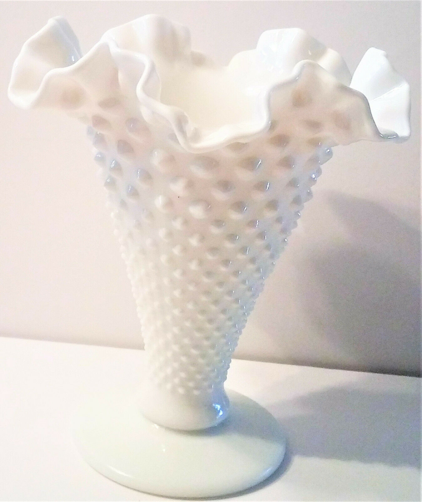 Fenton White Milk Glass Hobnail Ruffled Edge Marked Flower Vase 7 1/2