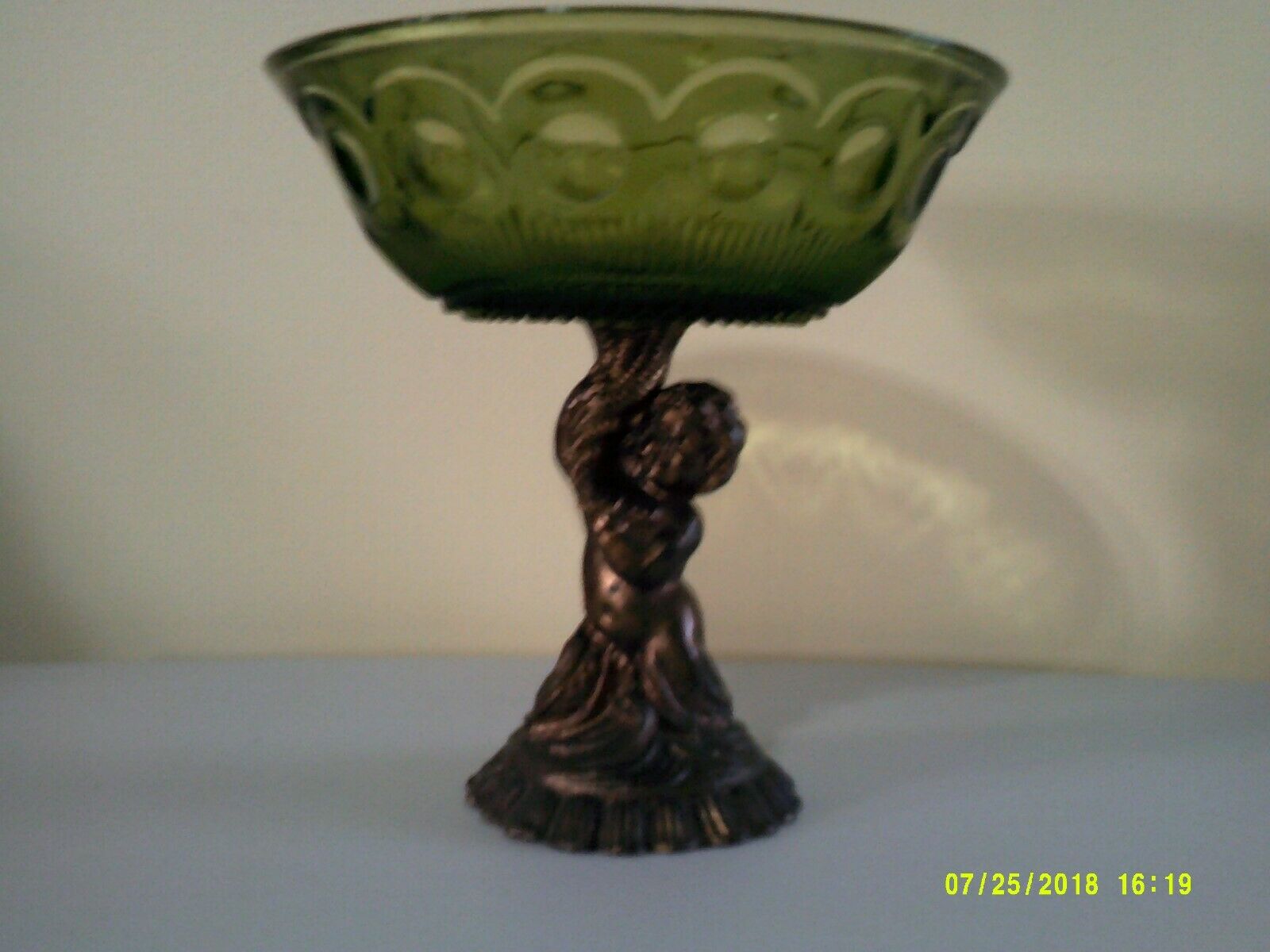 Vintage GREEN Glass FOOTED CANDY DISH Fruit Bowl Compote WITH CHERUB