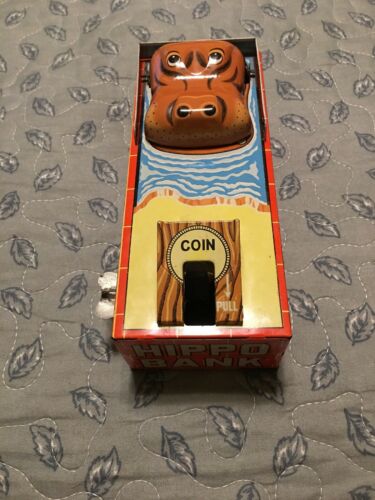 VINTAGE HIPPO COIN BANK WIND-UP TIN TOY YONE MADE IN JAPAN YONEZAWA ...