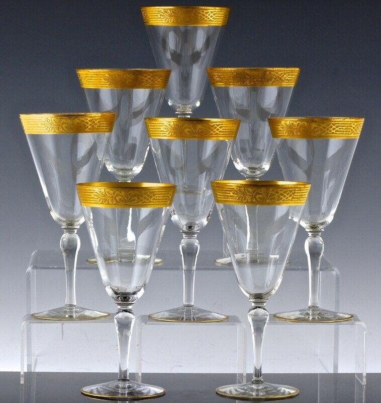 Beautiful Set Of 8 Depression Era Elegant Gold Rim Wine Glasses Moser 7 Inch Antique Price