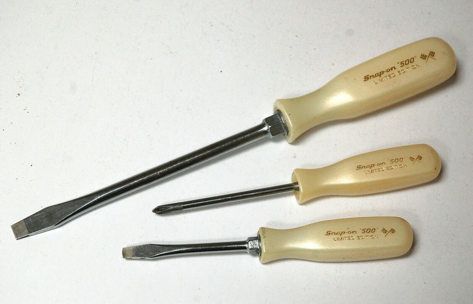 Three Vintage Snapon "500" Limited Edition Screwdrivers White Pearl