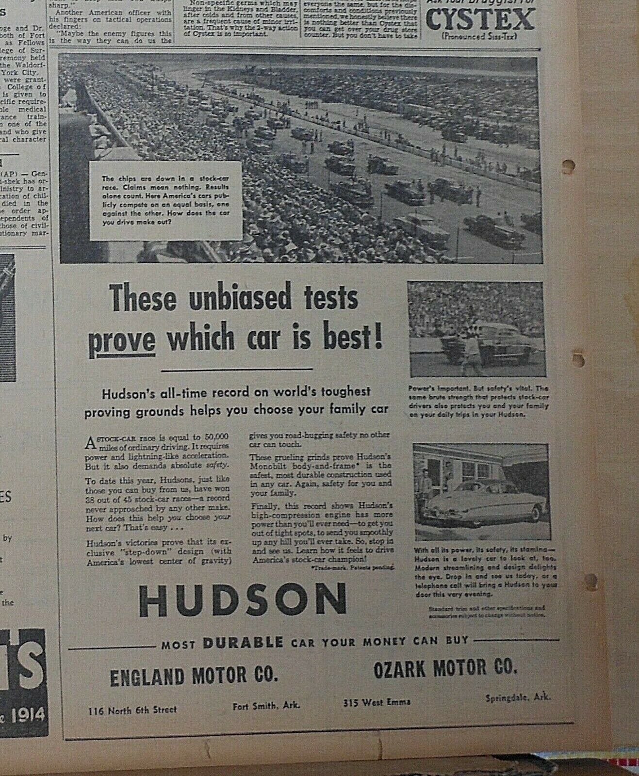 1952 newspaper ad for Hudson All time record stock car racing proves