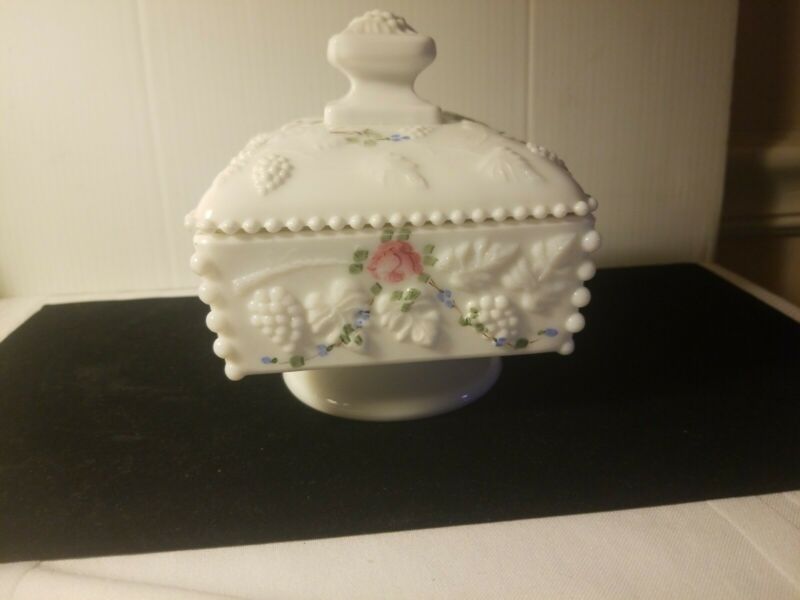 Westmoreland milk glass covered candy dish, Hand Painted Pink Flowers