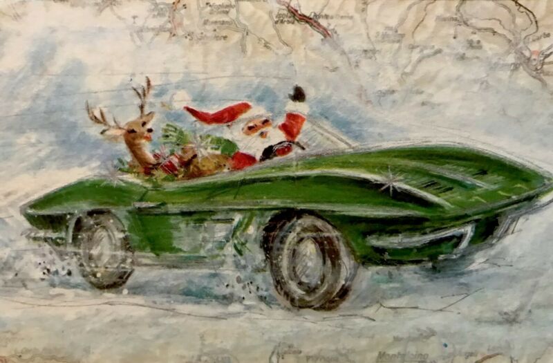 60’s Santa Reindeer Convertible Corvette Roadmap Christmas Visits Vtg