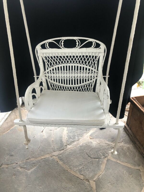 Vintage Child Size White Real Wicker Rattan Swing Chair Photography