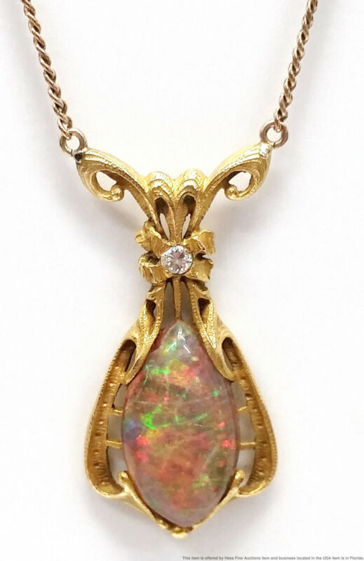 Antique Art Nouveau Natural Fiery Opal Fine Diamond 12K Yellow Gold ...