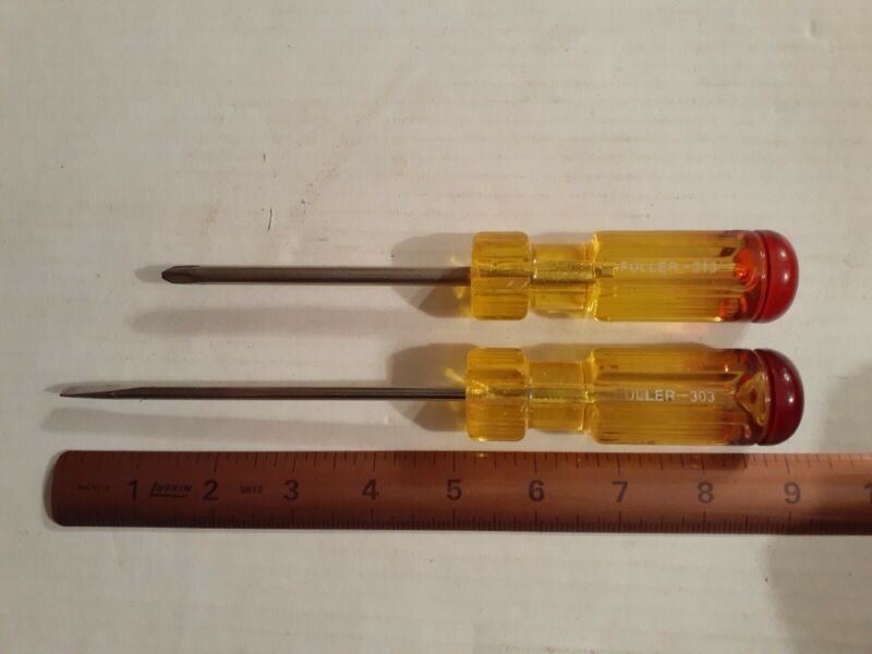 2 VINTAGE FULLER SCREWDRIVERS 303 SLOTTED & 313 PHILLIPS RED TOP