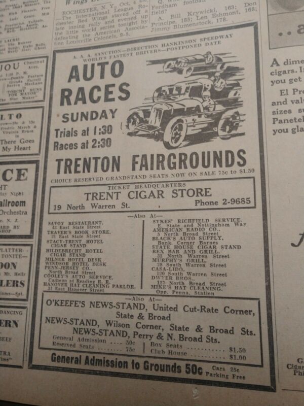 Rare 1939 Trenton Auto Races Fairgrounds Newspaper Ad...Be Nice Framed