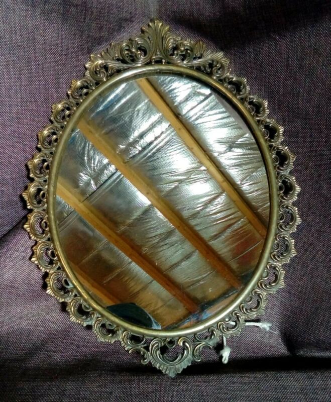 ANTIQUE CAST BRASS OVAL WALL MIRROR. ACANTHUS PATTERN. Antique Price