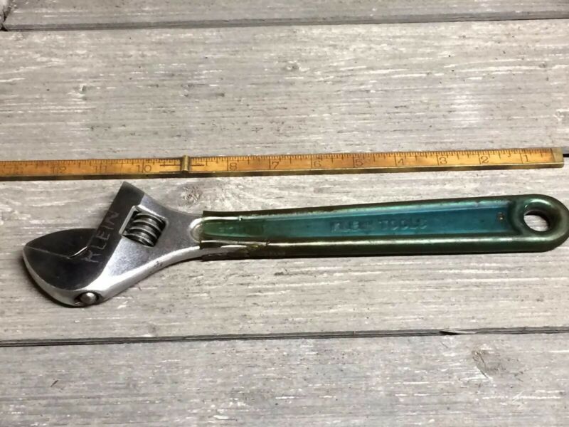 Vintage Klein Tools 12 Inch Adjustable Wrench With Green Soft Grip
