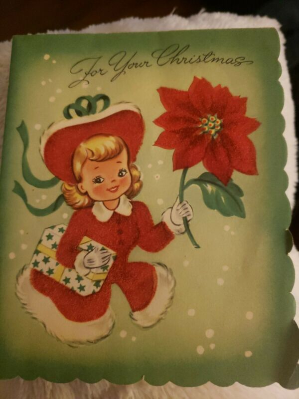 Flocked Girl with Poinsettia VTG Christmas Greeting Card -- Antique ...