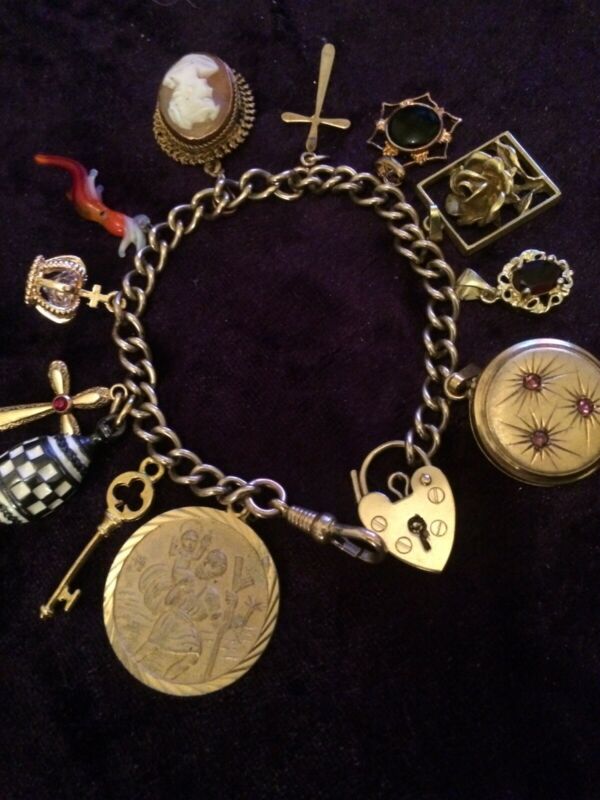 Antique Victorian Rolled Gold Curb Link Charm Bracelet With Charms And