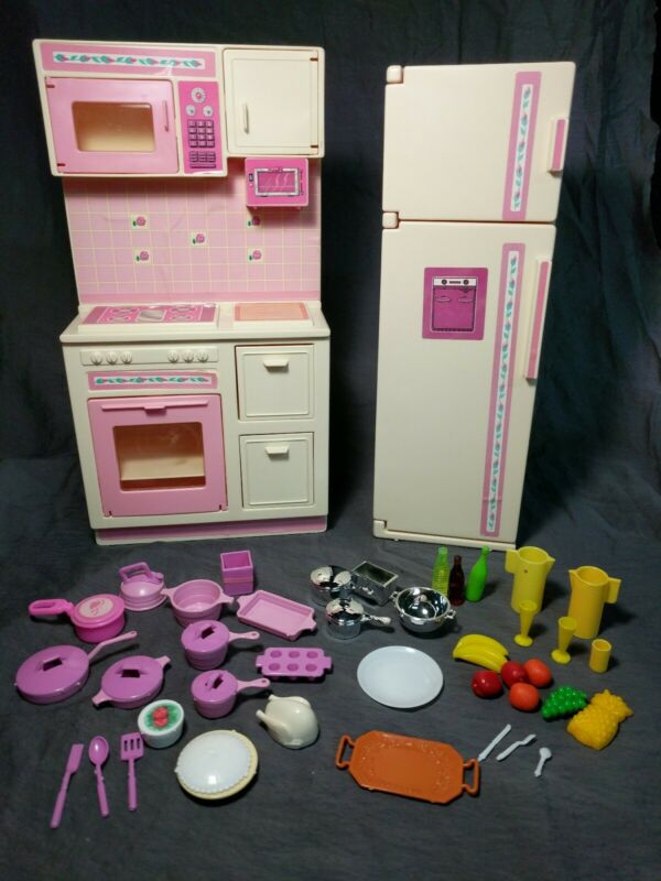 Vintage 1987 Mattel Barbie Doll Sweet Roses Kitchen Refrigerator Stove Set & Acc -- Antique