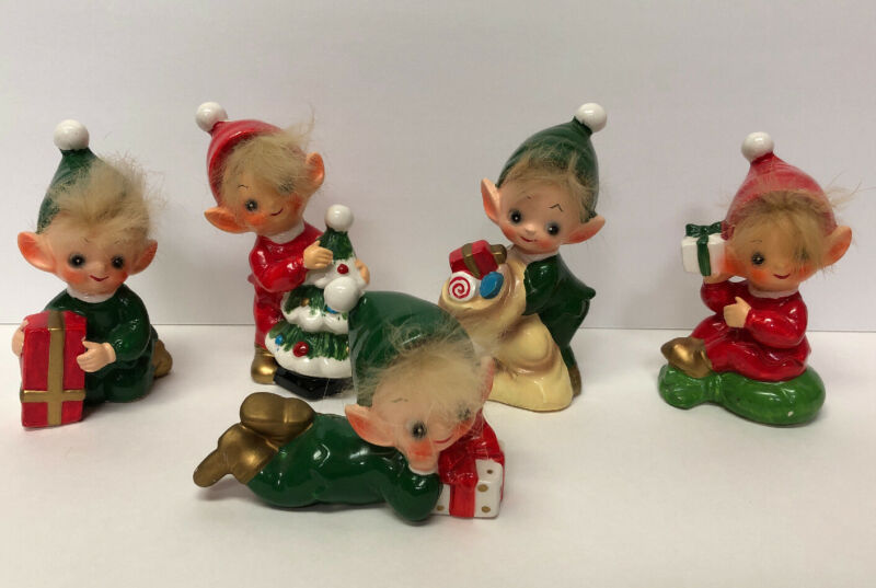 5 Vintage Josef Originals Ceramic Christmas Pixie Elf Elves Hair ...