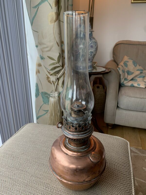 Antique Lampe Veritas Copper Oil Pot, Burner And Clear Glass Chimney