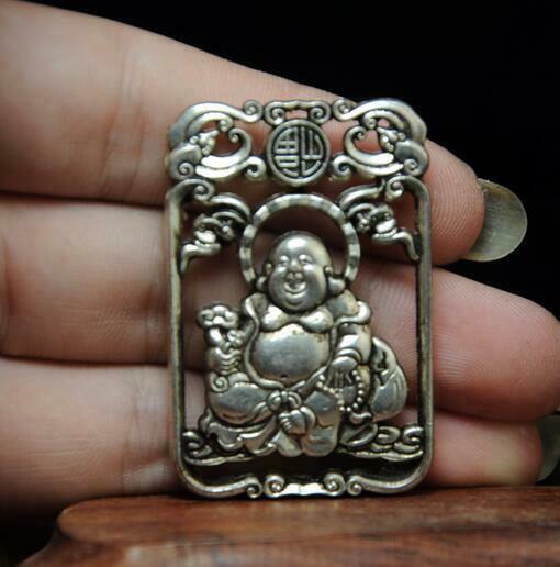 CHINESE HANDMADE COOPER-PLATING SILVER MAITREYA BUDDHA STATUE PENDANT ...