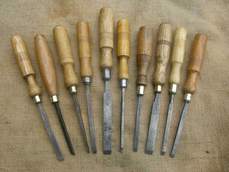 10 VINTAGE ENGLISH CHISELS BY MARPLES, BODMAN, WILKINSON, BRADES, SORBY