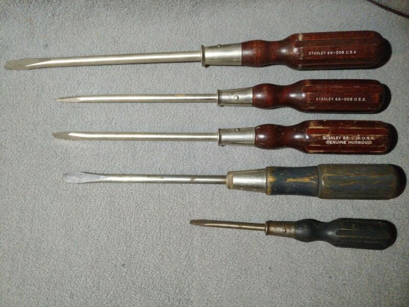 Vintage Lot 5 Stanley Wood Handle Screwdrivers 4 Hurwood 1 Yankee