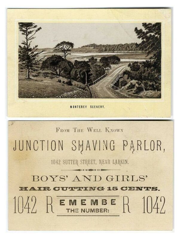 San Francisco JUNCTION SHAVING PARLOR Barber Victorian Trade Card 1880s