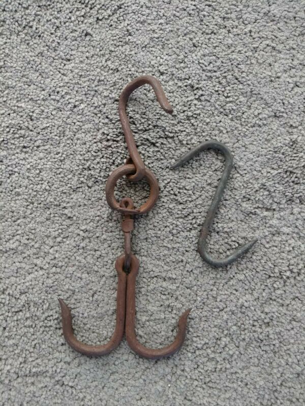 Primitive Antique Double & Single Meat Hooks Hand Wrought Iron