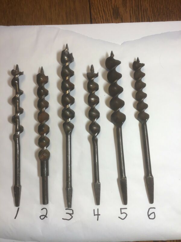 Vintage lot of 6 Auger Bits,Old Carpenter Hand Brace Drill Bits