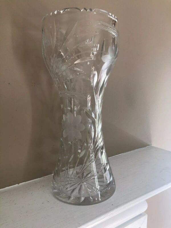 Vintage lead crystal cut glass corset vase with etched flowers Antique Price Guide Details Page