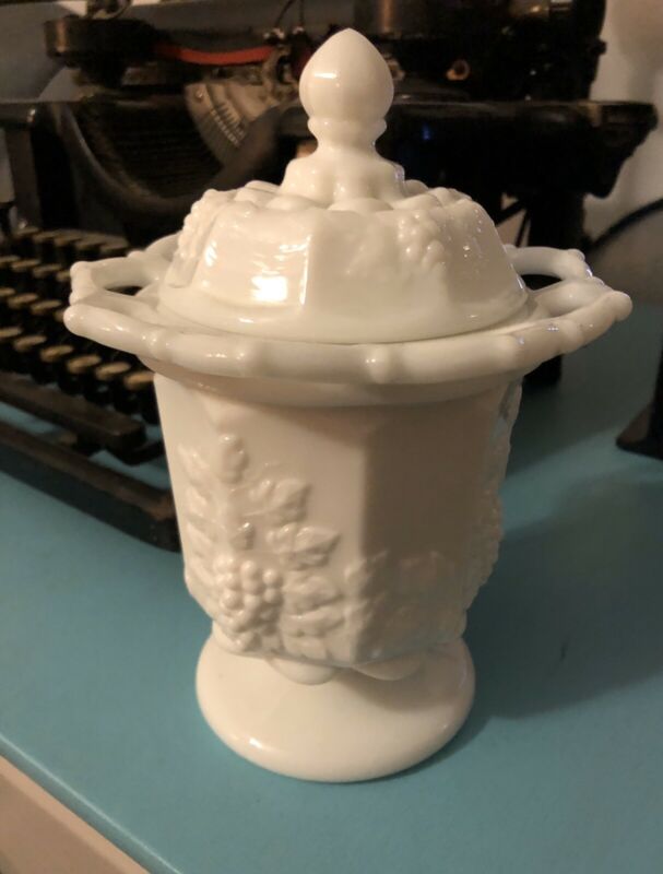 Vintage Westmoreland Candy Dish Compote Lid Paneled Grapes Milk Glass