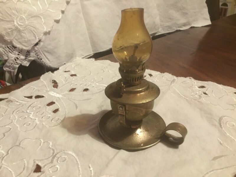 VINTAGE MINIATURE SWIVEL OIL LAMP AMBER GLASS CHIMNEY & BRASS BASE