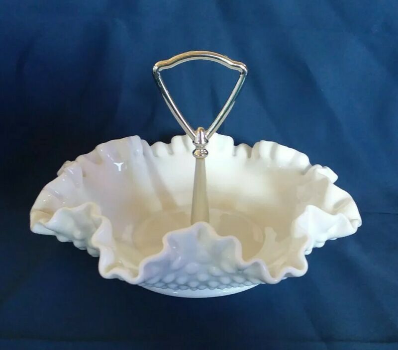Fenton Ruffled Hobnail White Milk Glass Candy Dish With Handle 7.75