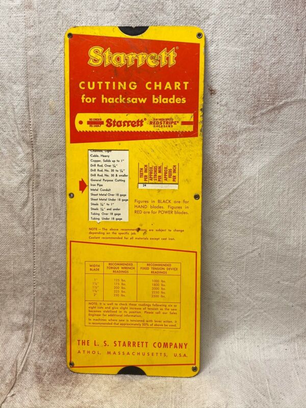 Vintage L.S. Starrett Cutting Chart for Hacksaw Blades chart Antique