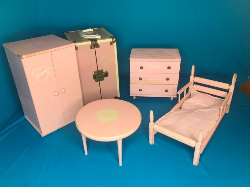 Vintage Ginny Doll Pink Furniture Wardrobe, Bed, Drawers, Table & Case